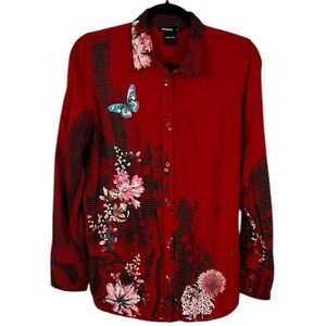 Desigual Artsy Floral Butterfly Extra Button Front Long Sleeve Shirt Medium Red